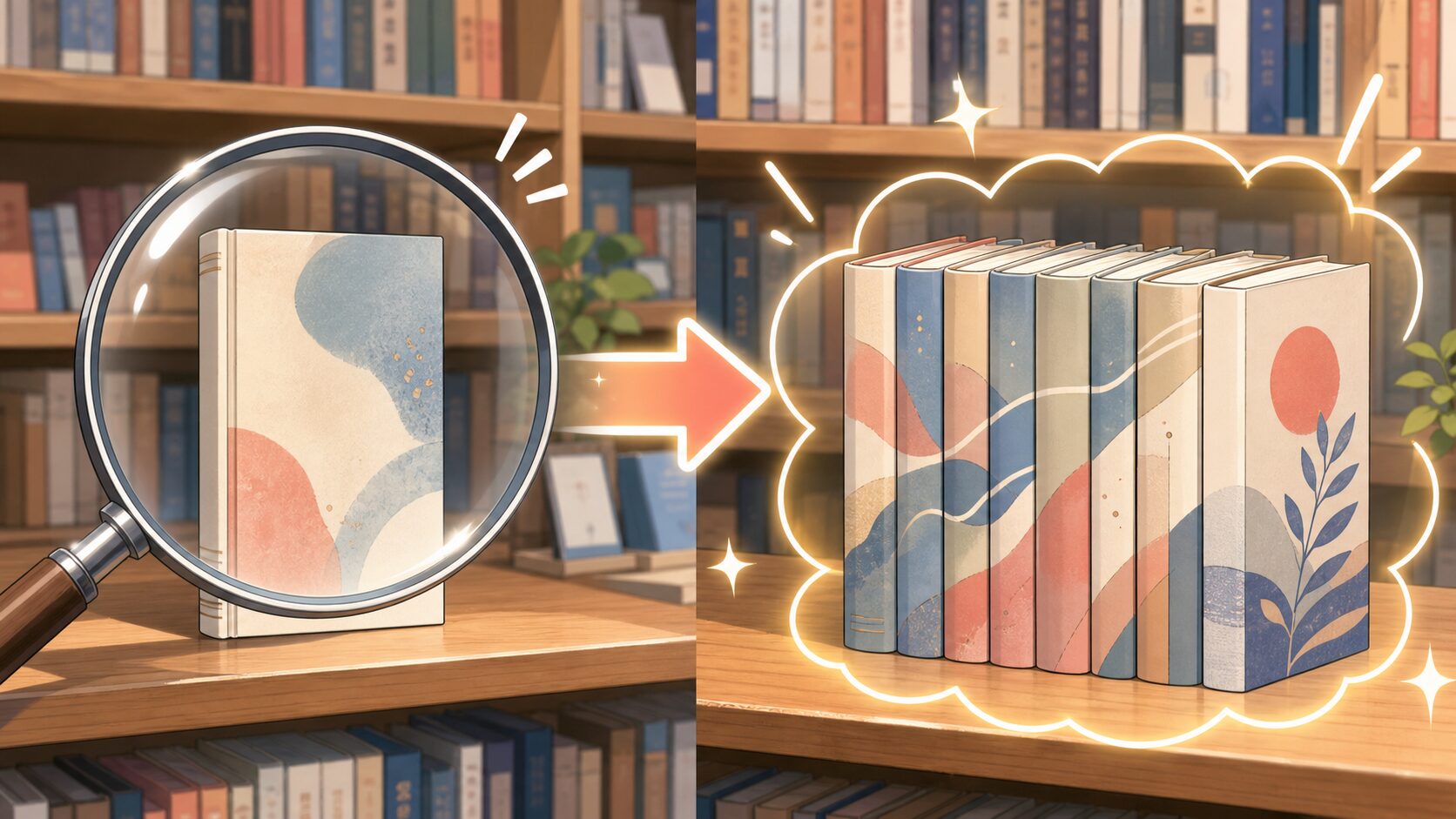1冊から周囲の本へ確認範囲を広げるイメージ
