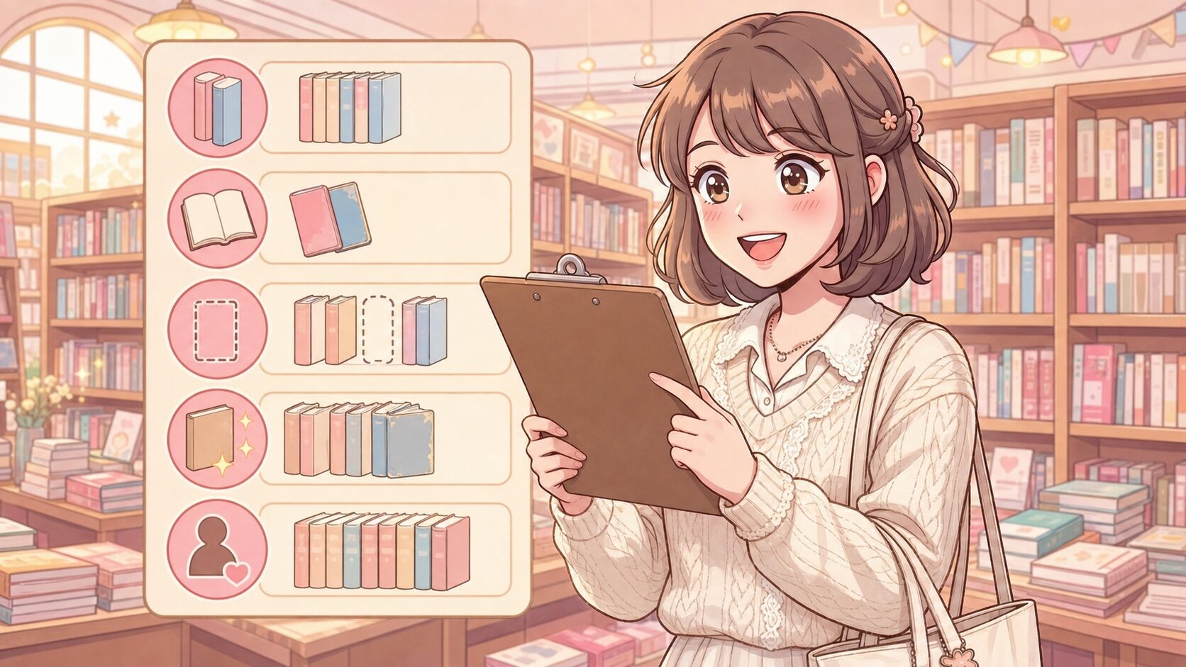 あすかが店舗で5つの確認項目を点検するイメージ