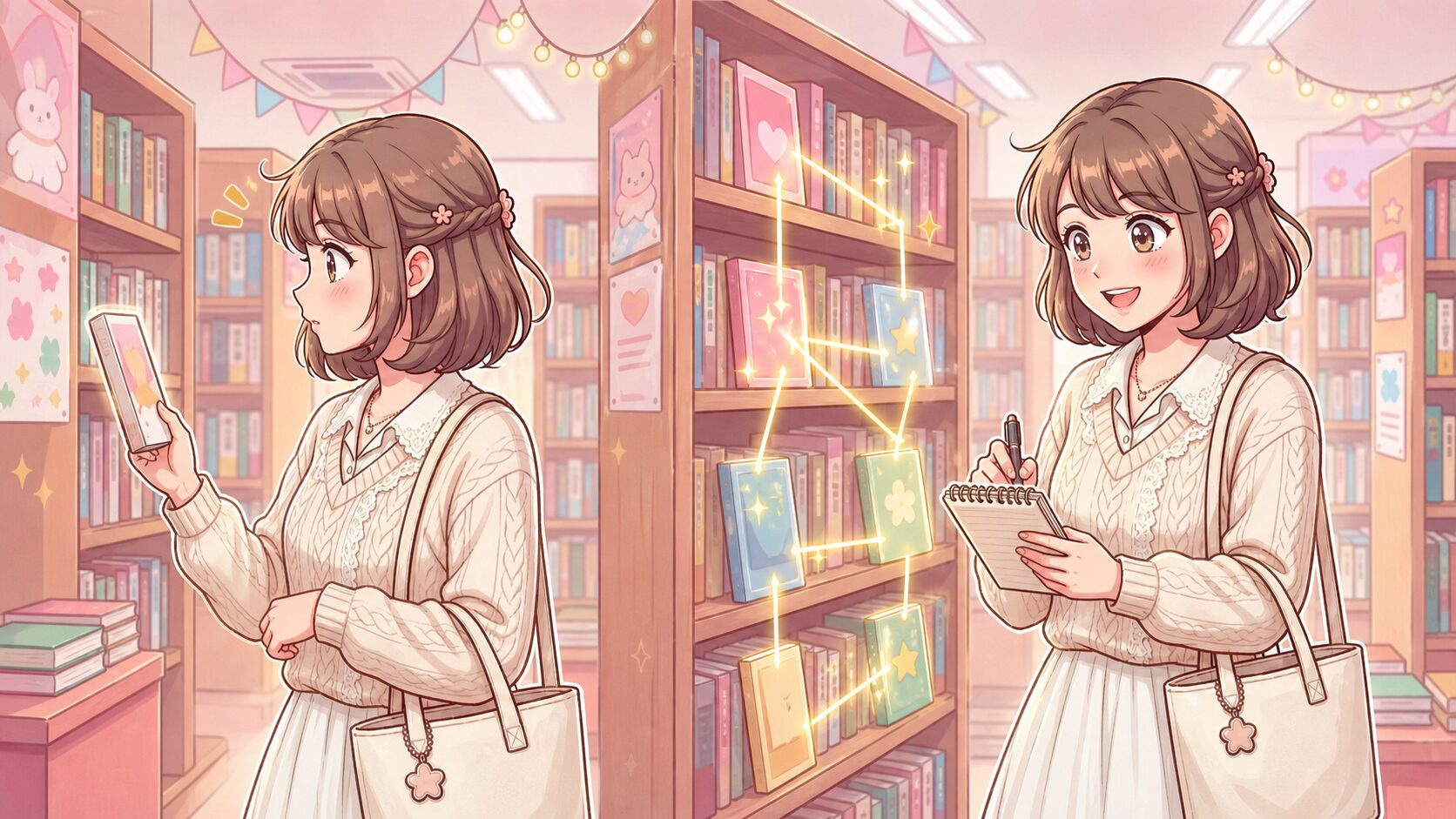 あすかが本棚の見え方の変化をノートに記録するイメージ