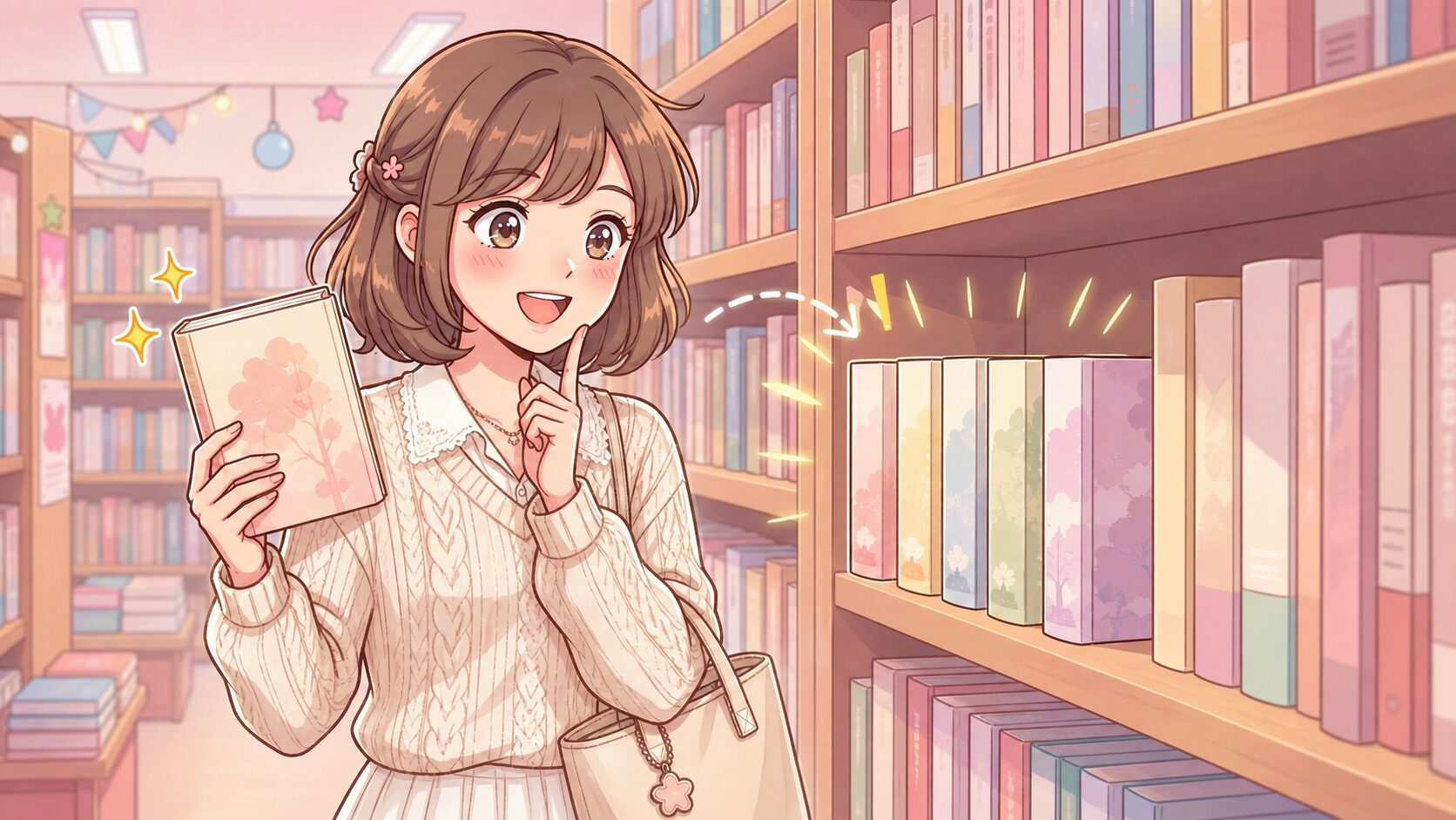 あすかが同じ本棚で関連巻を見つけるイメージ